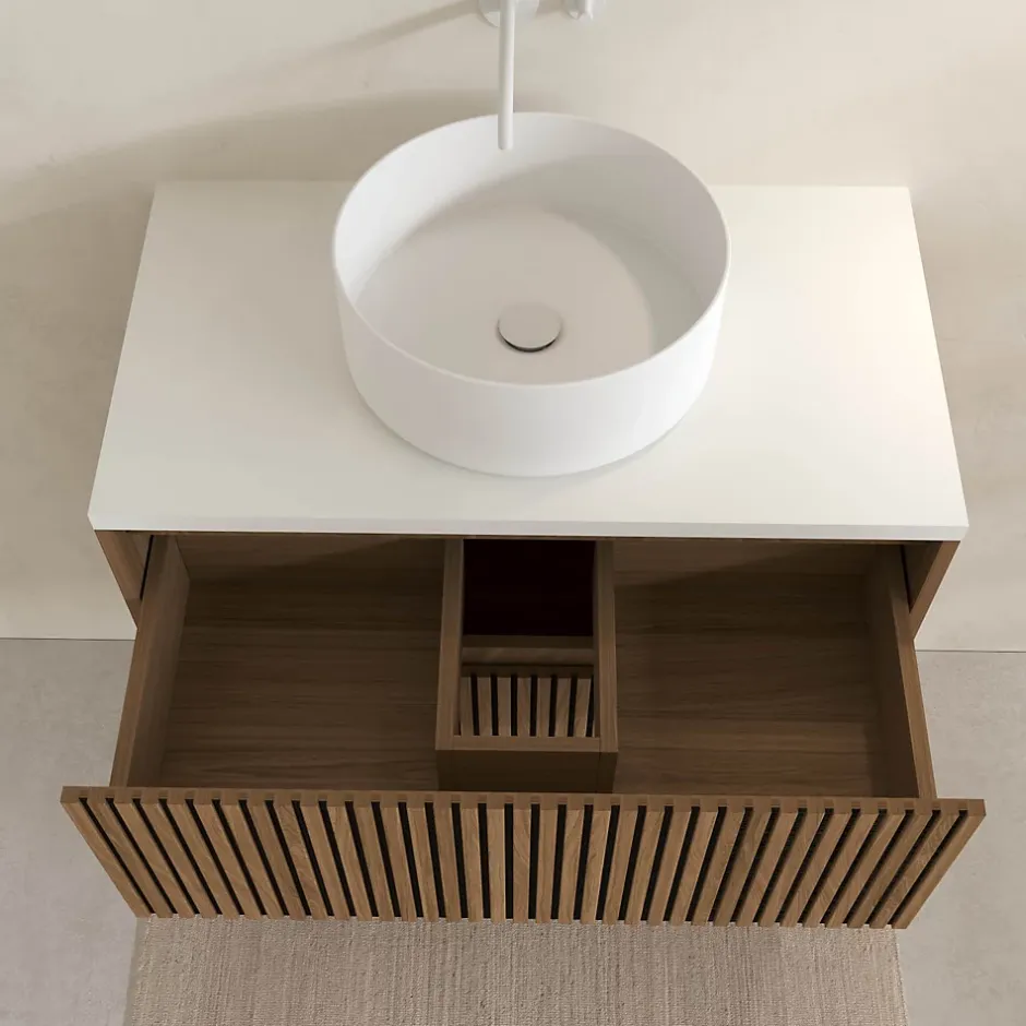 Aurlane Meuble Salle de Bains YUKI 80 2 Tiroirs Décor Chêne et Noir Cranté - Plan et Vasque Blanche Mate