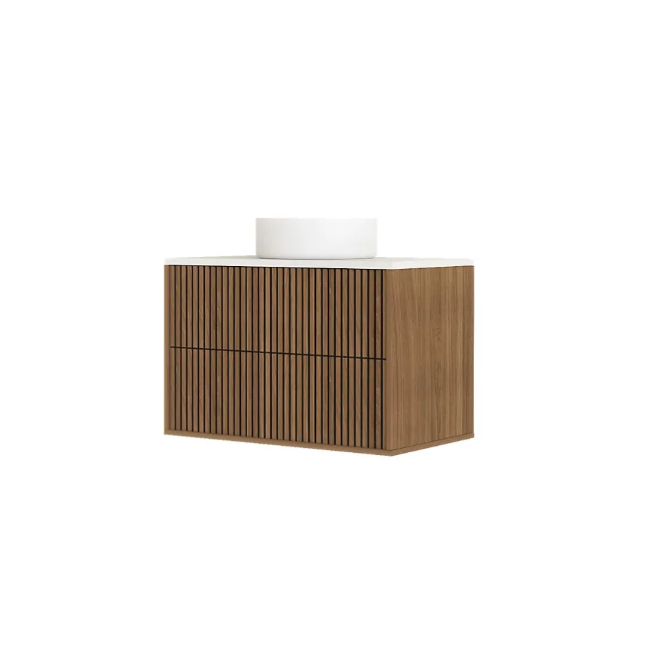 Aurlane Meuble Salle de Bains YUKI 80 2 Tiroirs Décor Chêne et Noir Cranté - Plan et Vasque Blanche Mate