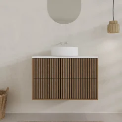 Aurlane Meuble Salle de Bains YUKI 80 2 Tiroirs Décor Chêne et Noir Cranté - Plan et Vasque Blanche Mate