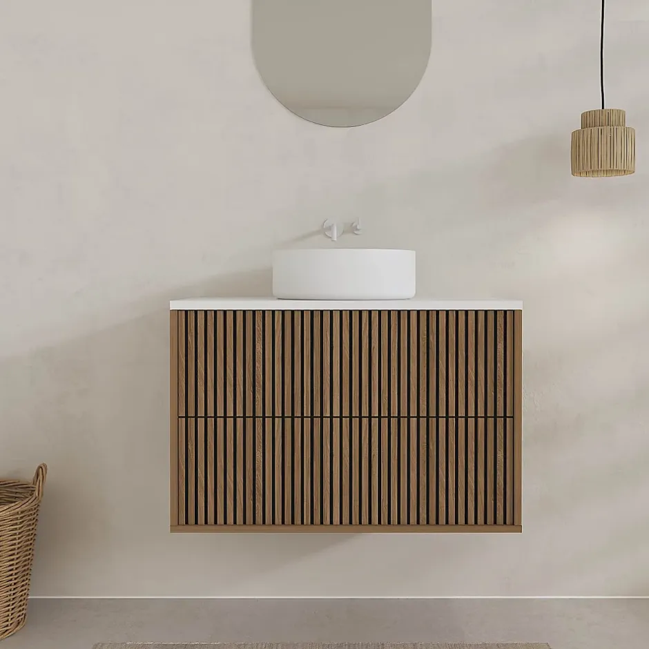 Aurlane Meuble Salle de Bains YUKI 80 2 Tiroirs Décor Chêne et Noir Cranté - Plan et Vasque Blanche Mate