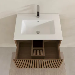 Aurlane Meuble Salle de Bains YUKI 60 - 2 Tiroirs Décor Chêne et Noir - Vasque Blanche - Miroir LED 60* Ensemble Meuble De Salle De Bains