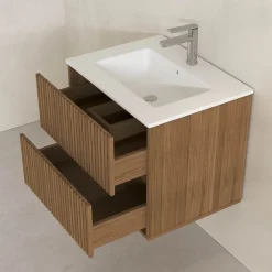 Aurlane Meuble Salle de Bains YUKI 60 - 2 Tiroirs Décor Chêne et Noir - Vasque Blanche - Miroir LED 60* Ensemble Meuble De Salle De Bains