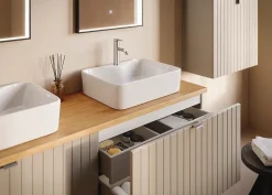 Furnidea Meuble sous double vasque suspendu HARMO 160 cm Façade rainuré cachemire semi-mat* Meuble Sous Lavabo