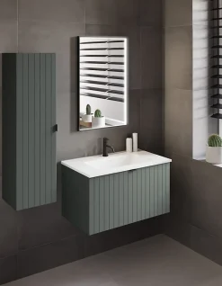 Furnidea Meuble sous double vasque suspendu HARMO 160 cm Façade rainuré vert semi-mat* Meuble Sous Lavabo