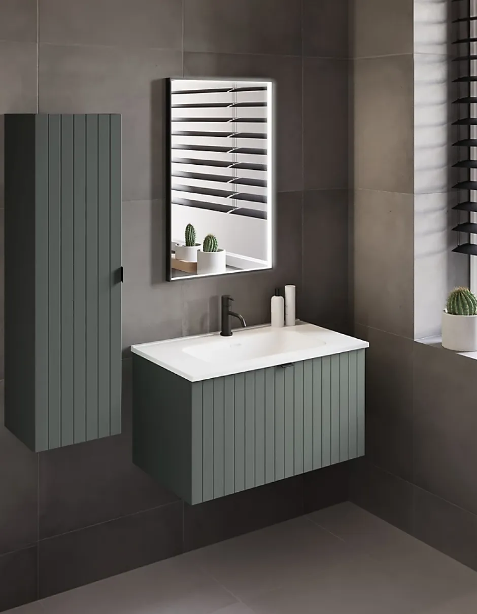 Furnidea Meuble sous double vasque suspendu HARMO 160 cm Façade rainuré vert semi-mat* Meuble Sous Lavabo