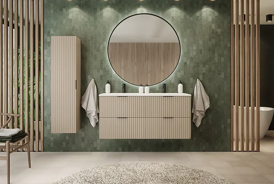 Furnidea Meuble sous double vasque sur pieds FLOW cachemire 120 cm* Meuble Sous Lavabo