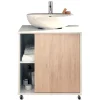 Pegane Meuble sous lavabo 1 porte coloris Blanc brillant / effet bois - Hauteur 64 x Longueur 59 x Profondeur 45 cm* Meuble Sous Lavabo