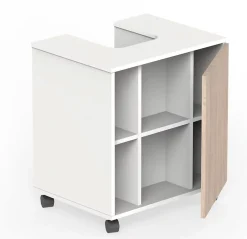 Pegane Meuble sous lavabo 1 porte coloris Blanc brillant / effet bois - Hauteur 64 x Longueur 59 x Profondeur 45 cm* Meuble Sous Lavabo