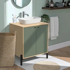 Box & Beyond Meuble sous lavabo 2 portes bois naturel et vert 69 x 50 x 78 cm