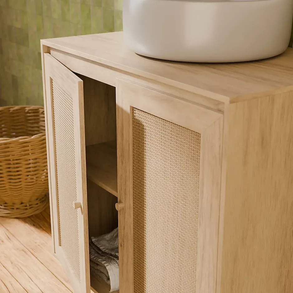 Sweeek Meuble sous lavabo décor bois et cannage Bohème 65 x 40 x 70 cm naturel* Lave-Mains