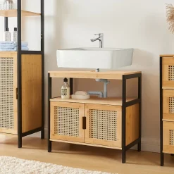 [En.Casa] Meuble sous lavabo Tervola bambou 60 x 60 x 35 cm noir naturel aspect rotin en.casa