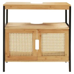 [En.Casa] Meuble sous lavabo Tervola bambou 60 x 60 x 35 cm noir naturel aspect rotin en.casa