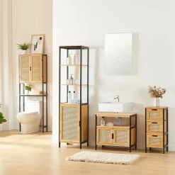 [En.Casa] Meuble sous lavabo Tervola bambou 60 x 60 x 35 cm noir naturel aspect rotin en.casa