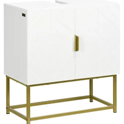 kleankin Meuble sous vasque - 2 portes - dim. 60L x 30l x 65H cm - acier doré MDF blanc