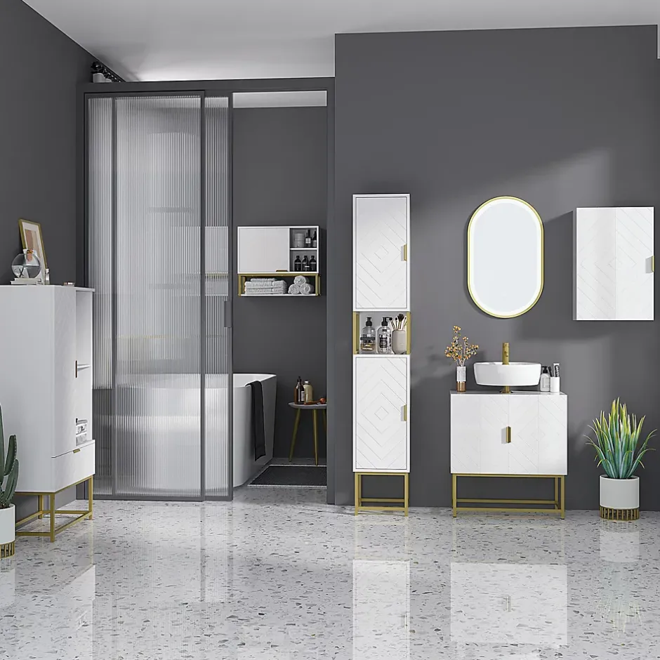 kleankin Meuble sous vasque - 2 portes - dim. 60L x 30l x 65H cm - acier doré MDF blanc