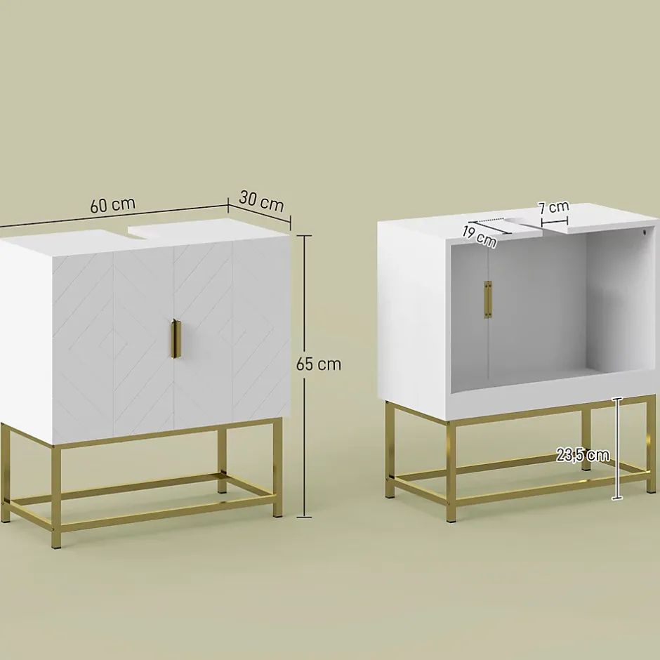 kleankin Meuble sous vasque - 2 portes - dim. 60L x 30l x 65H cm - acier doré MDF blanc