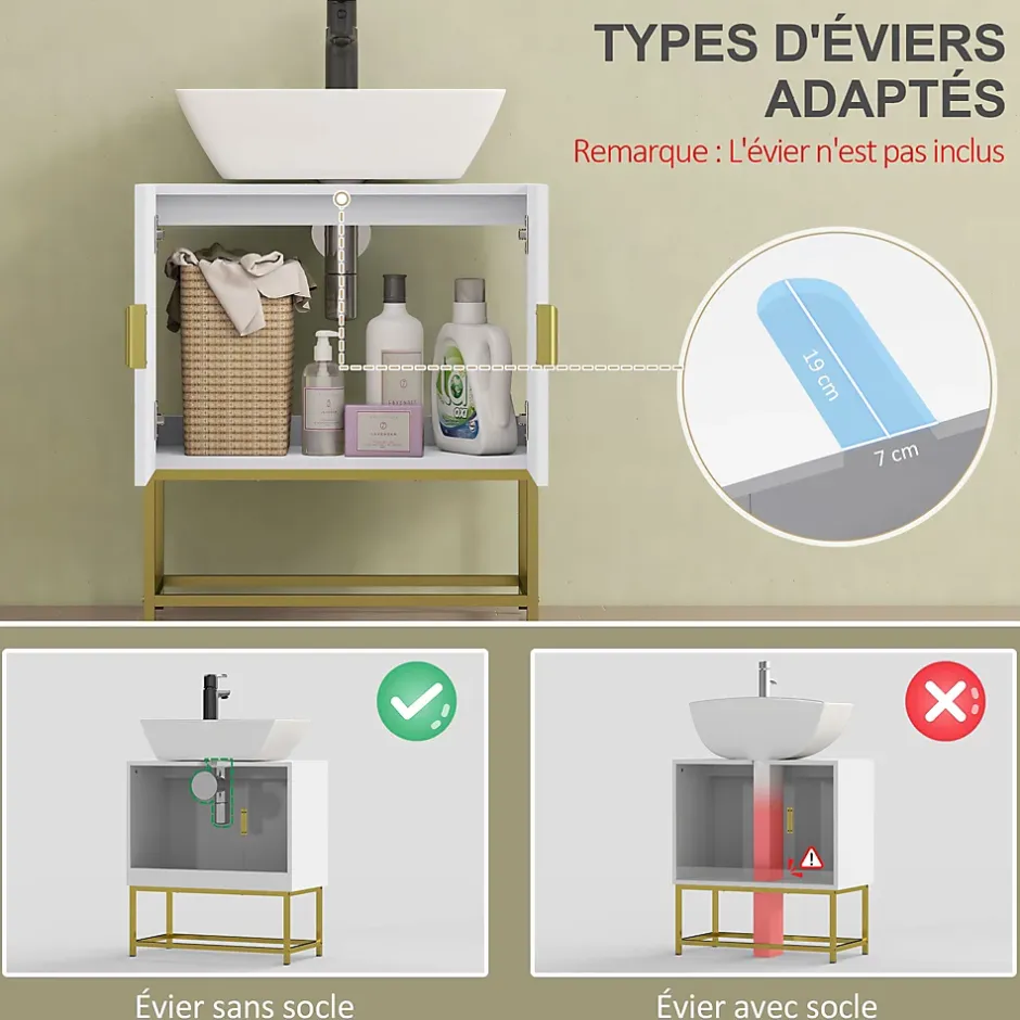 kleankin Meuble sous vasque - 2 portes - dim. 60L x 30l x 65H cm - acier doré MDF blanc