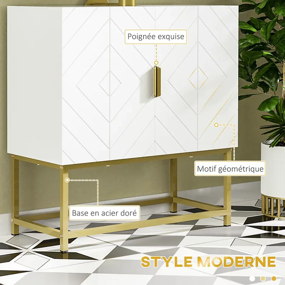 kleankin Meuble sous vasque - 2 portes - dim. 60L x 30l x 65H cm - acier doré MDF blanc