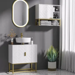 kleankin Meuble sous vasque - 2 portes - dim. 60L x 30l x 65H cm - acier doré MDF blanc