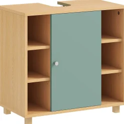 Homcom Meuble sous vasque 6 niches porte étagère dim. 60 x 33 x 57 cm effet bois clair vert d'eau