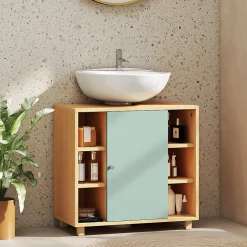 Homcom Meuble sous vasque 6 niches porte étagère dim. 60 x 33 x 57 cm effet bois clair vert d'eau