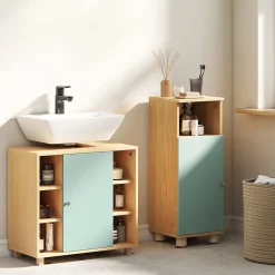 Homcom Meuble sous vasque 6 niches porte étagère dim. 60 x 33 x 57 cm effet bois clair vert d'eau