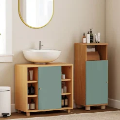 Homcom Meuble sous vasque 6 niches porte étagère dim. 60 x 33 x 57 cm effet bois clair vert d'eau