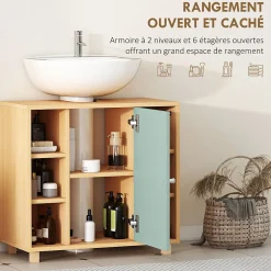 Homcom Meuble sous vasque 6 niches porte étagère dim. 60 x 33 x 57 cm effet bois clair vert d'eau