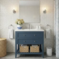 GoodHome Meuble sous vasque à poser 2 tiroirs 1 niche bleu mat l.80 cm + plan de toilette, Perma