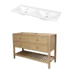 GoodHome Meuble sous vasque à poser 4 tiroirs 1 niche placage chêne l.120 cm Perma + plan double vasque céramique blanc Nira,* Meuble Vasque
