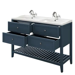 GoodHome Meuble sous vasque à poser 4 tiroirs 1 niche bleu mat l.120 cm Perma + plan double vasque Lana,* Meuble Vasque