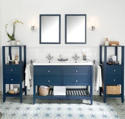 GoodHome Meuble sous vasque à poser 4 tiroirs 1 niche bleu mat l.120 cm Perma + plan double vasque Lana,* Meuble Vasque