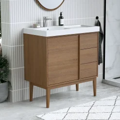 GoodHome Meuble sous vasque à poser placage chêne H.82 x P.45 x l.80 cm Kabayan* Meuble De Salle De Bains Faible Profondeur