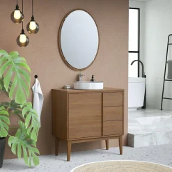GoodHome Meuble sous vasque à poser placage chêne H.82 x P.45 x l.80 cm Kabayan* Meuble De Salle De Bains Faible Profondeur