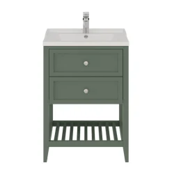 GoodHome Meuble sous vasque à poser 2 tiroirs 1 niche vert mat l.60 x H.80,6 x P.45 cm, Perma* Meuble Buanderie|Meuble Sous-Vasque