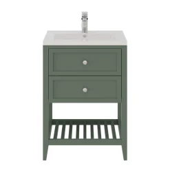 GoodHome Meuble sous vasque à poser 2 tiroirs 1 niche vert mat l.60 x H.80,6 x P.45 cm, Perma* Meuble Buanderie|Meuble Sous-Vasque