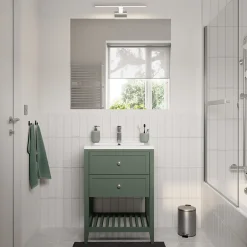 GoodHome Meuble sous vasque à poser 2 tiroirs 1 niche vert mat l.60 x H.80,6 x P.45 cm, Perma* Meuble Buanderie|Meuble Sous-Vasque