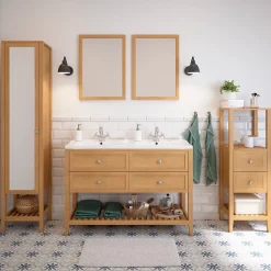 GoodHome Meuble sous vasque à poser 4 tiroirs 1 niche placage chêne l.120 cm Perma + plan double vasque céramique blanc Lana,* Meuble Vasque
