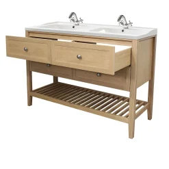 GoodHome Meuble sous vasque à poser 4 tiroirs 1 niche placage chêne l.120 cm Perma + plan double vasque céramique blanc Lana,* Meuble Vasque