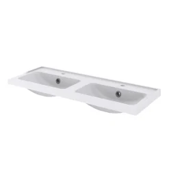 GoodHome Meuble sous vasque à poser 4 tiroirs 1 niche placage chêne l.120 cm Perma + plan double vasque céramique blanc Lana,* Meuble Vasque