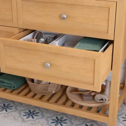 GoodHome Meuble sous vasque à poser 4 tiroirs 1 niche placage chêne l.120 cm Perma + plan double vasque céramique blanc Lana,* Meuble Vasque