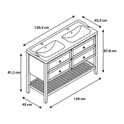 GoodHome Meuble sous vasque à poser 4 tiroirs 1 niche placage chêne l.120 cm Perma + plan double vasque céramique blanc Lana,* Meuble Vasque