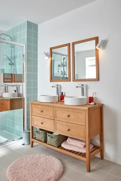 GoodHome Meuble sous vasque à poser 4 tiroirs 1 niche placage chêne l.120 cm + plan de toilette placage chêne, Perma* Meuble Buanderie