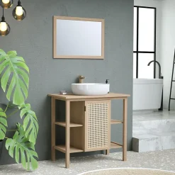 Meuble sous vasque à poser avec plan de toilette l.84 x H.80 x P.50 cm, 1 porte, placage chêne et cannage, Thiam* Meuble Buanderie