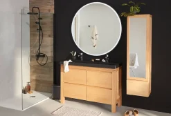 Cooke & Lewis Meuble sous vasque à poser chêne massif et plaqué chêne l.120 cm + plan vasque en quartz composite noir, Harmon* Meuble Vasque