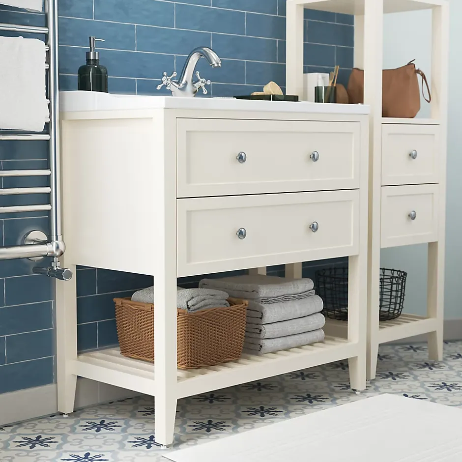 GoodHome Meuble sous vasque à poser 2 tiroirs 1 niche blanc mat l.80 cm, Perma* Meuble Buanderie|Meuble Sous-Vasque