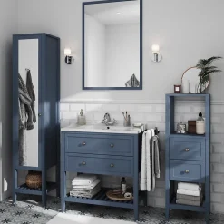 GoodHome Meuble sous vasque à poser 2 tiroirs 1 niche bleu mat l.80 cm Perma + plan vasque Nira,
