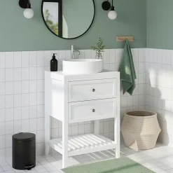 GoodHome Meuble sous vasque à poser 2 tiroirs 1 niche blanc mat l.60 cm + plan de toilette, Perma* Meuble Buanderie