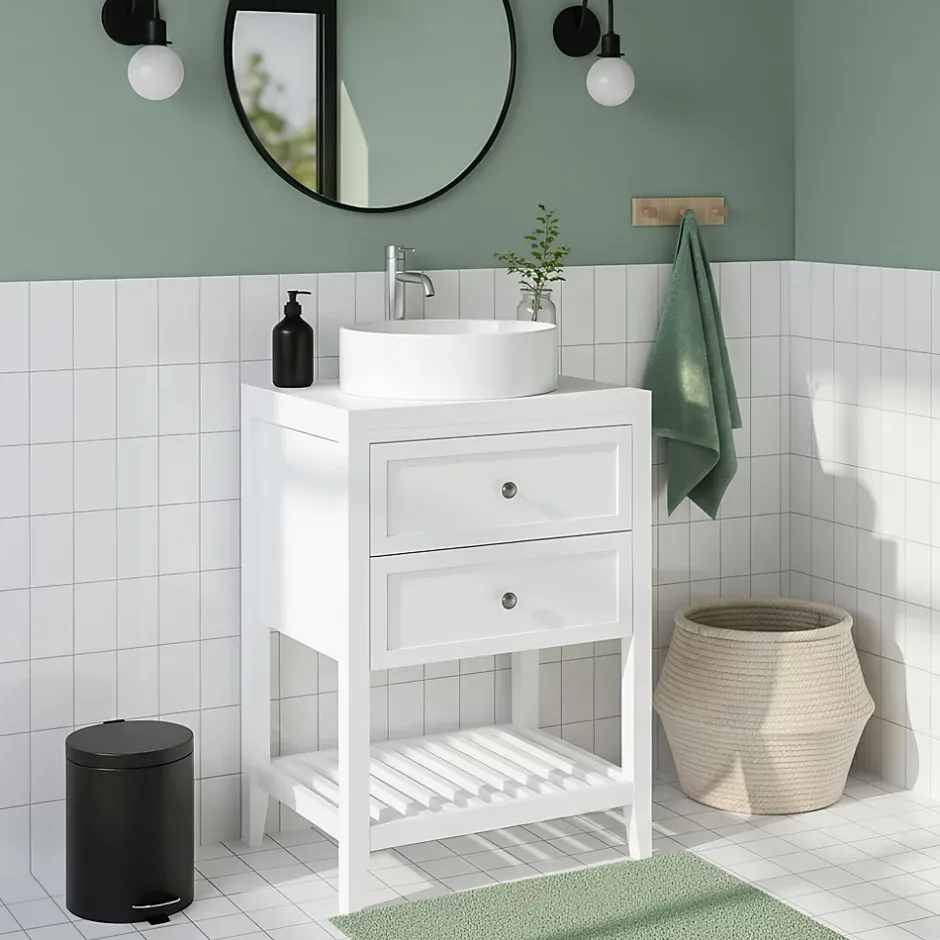 GoodHome Meuble sous vasque à poser 2 tiroirs 1 niche blanc mat l.60 cm + plan de toilette, Perma* Meuble Buanderie