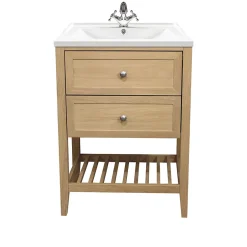 GoodHome Meuble sous vasque à poser placage chêne l.60 x H.80,6 x P.45 cm, Perma